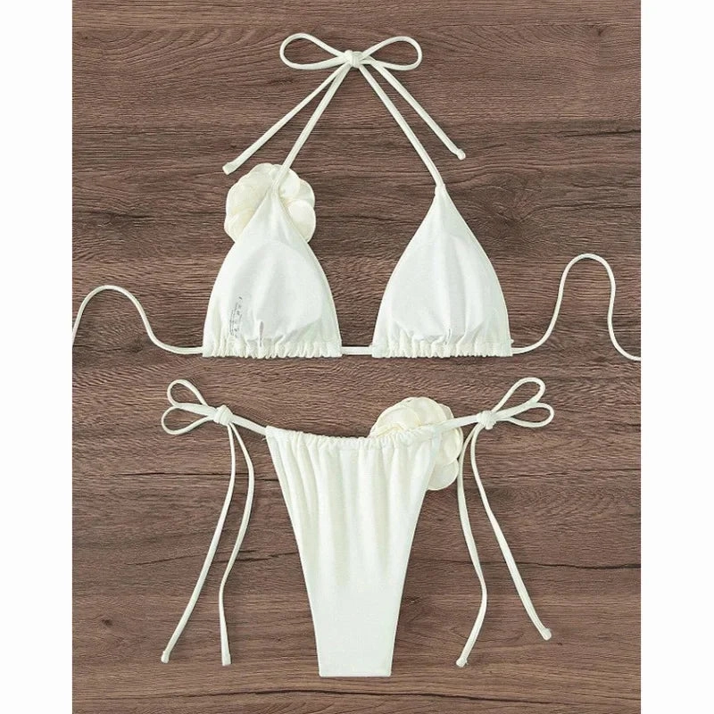 Summer Women Solid Color Swimsuit Backless Floral Bikini Set