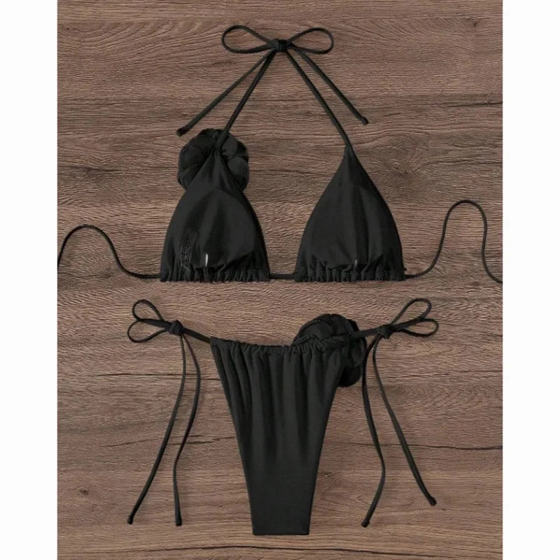 Summer Women Solid Color Swimsuit Backless Floral Bikini Set