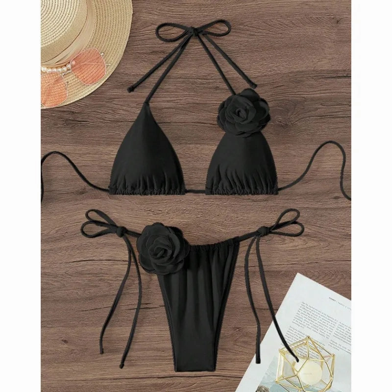 Summer Women Solid Color Swimsuit Backless Floral Bikini Set