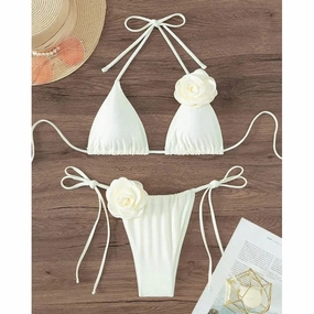 Summer Women Solid Color Swimsuit Backless Floral Bikini Set