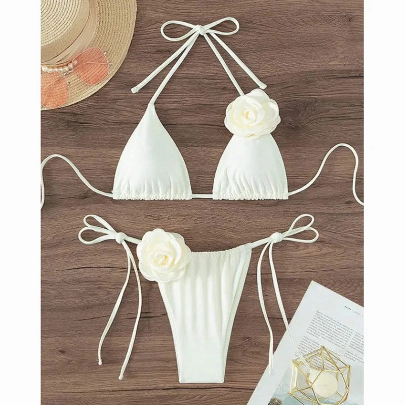 Summer Women Solid Color Swimsuit Backless Floral Bikini Set