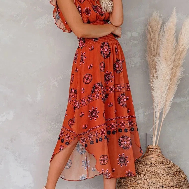 Summer Women Vintage Pattern Smocked Ruffle Midi Dress