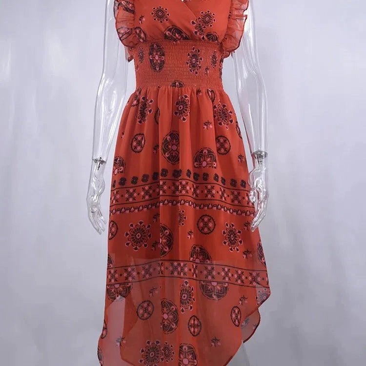 Summer Women Vintage Pattern Smocked Ruffle Midi Dress