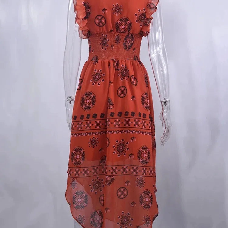 Summer Women Vintage Pattern Smocked Ruffle Midi Dress