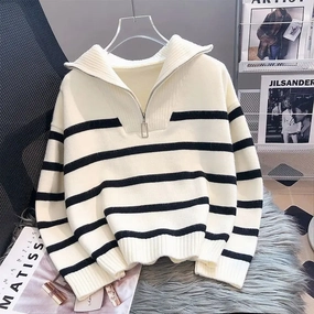 Sweater Pullover Women Spring and Autumn Underwear Zipper Stripe Short Style Popular Premium Female
