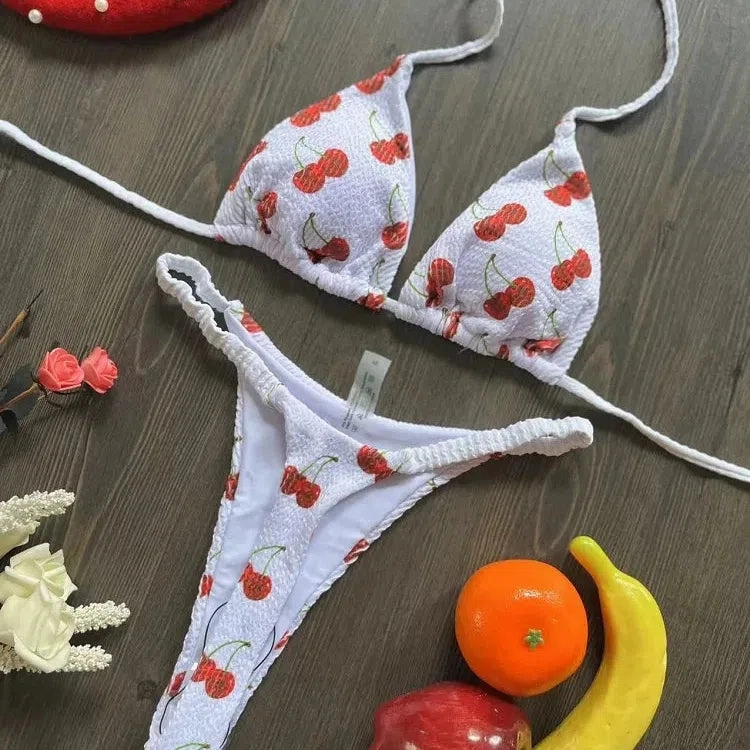 Swimwear Women Cute Cherry Print Brazilian Thong Bikini Set