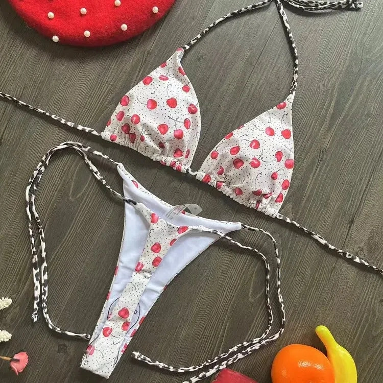 Swimwear Women Cute Cherry Print Brazilian Thong Bikini Set