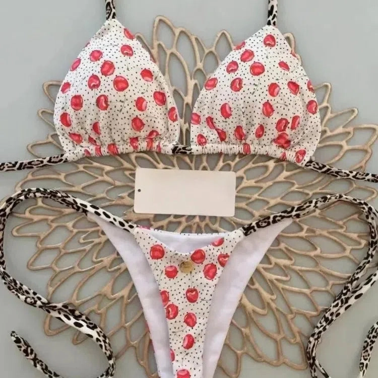 Swimwear Women Cute Cherry Print Brazilian Thong Bikini Set