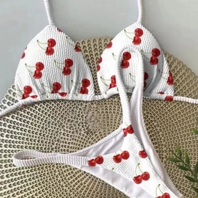 Swimwear Women Cute Cherry Print Brazilian Thong Bikini Set