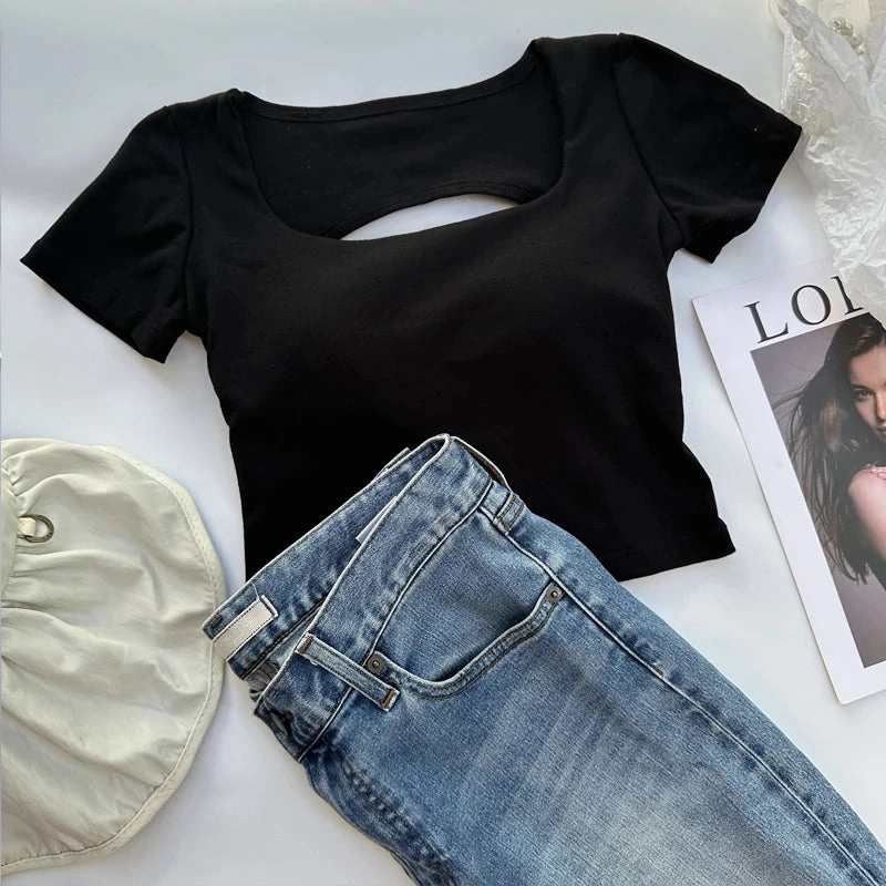 T-shirt Women Clothing Square Neckline Short Sleeve Crop Top