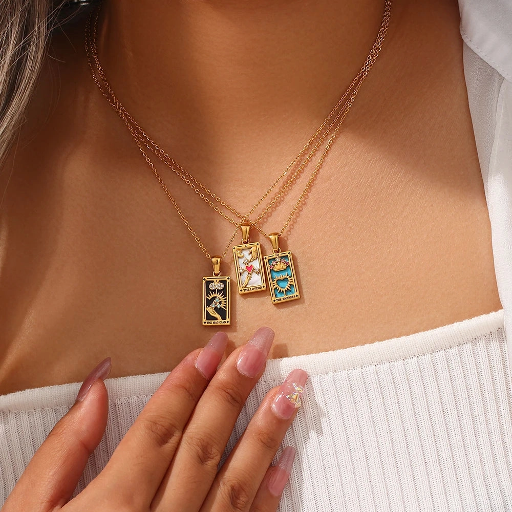 Tarnish Free Colorful Tarot Necklace with Star Moon Sun Design