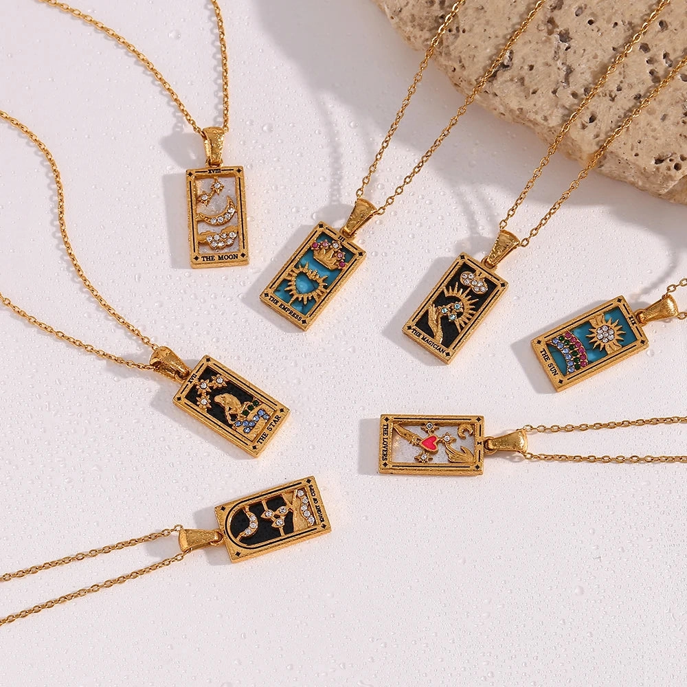 Tarnish Free Colorful Tarot Necklace with Star Moon Sun Design