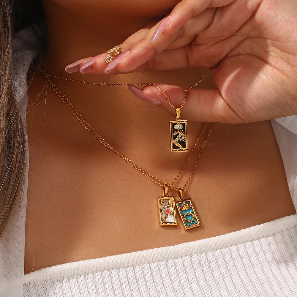 Tarnish Free Colorful Tarot Necklace with Star Moon Sun Design