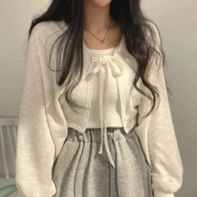 Thin White Cardigan Women Summer Lace-up Knitwear Top Casual Lantern Sleeve Sun Protected Style