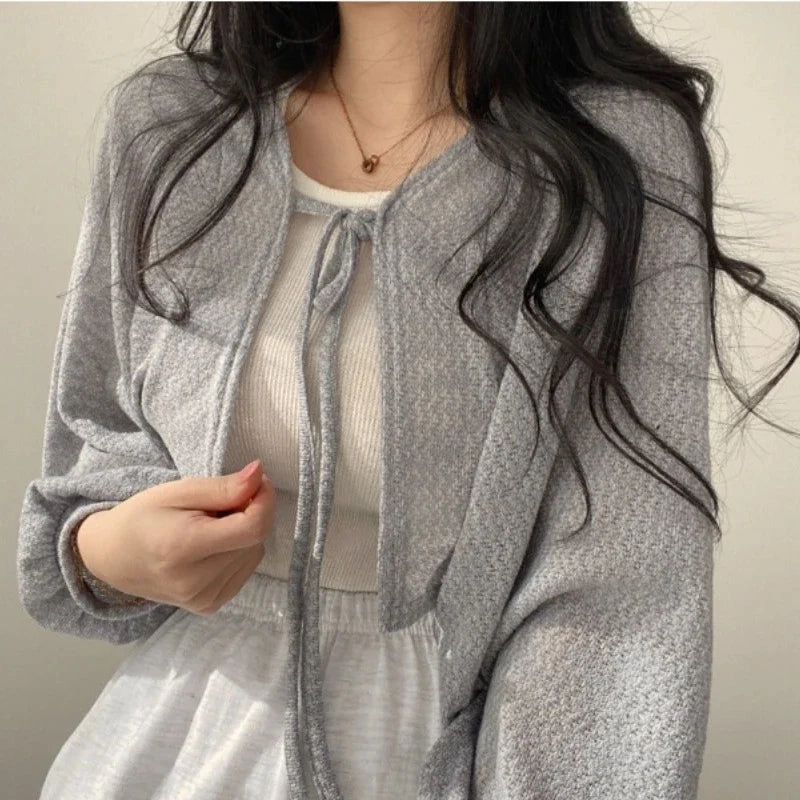 Thin White Cardigan Women Summer Lace-up Knitwear Top Casual Lantern Sleeve Sun Protected Style