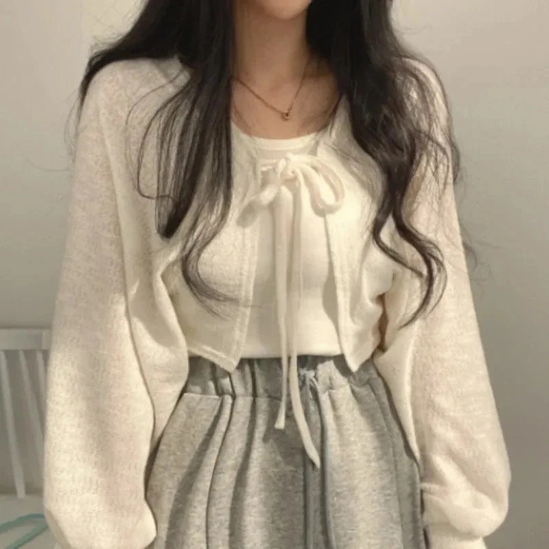 Thin White Cardigan Women Summer Lace-up Knitwear Top Casual Lantern Sleeve Sun Protected Style