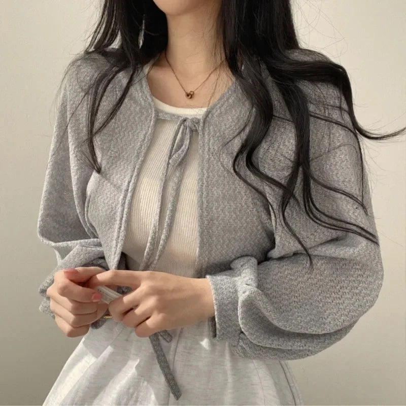 Thin White Cardigan Women Summer Lace-up Knitwear Top Casual Lantern Sleeve Sun Protected Style