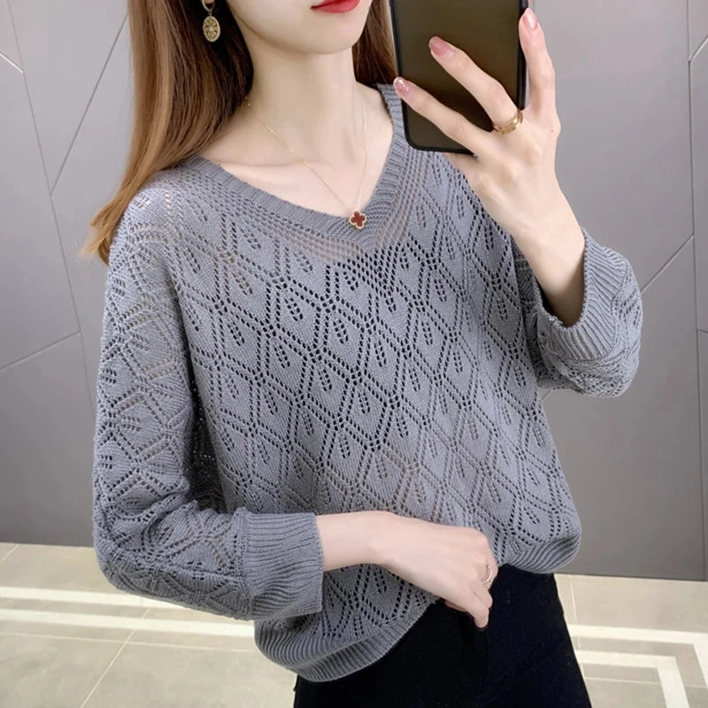 Three Quarter Sleeve V-neck Sweet Elegant Casual Sweater Hollow Out Women Top Korean See-through