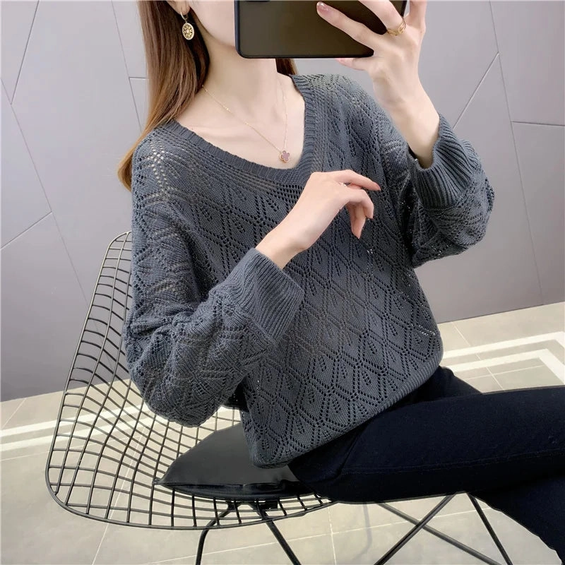 Three Quarter Sleeve V-neck Sweet Elegant Casual Sweater Hollow Out Women Top Korean See-through