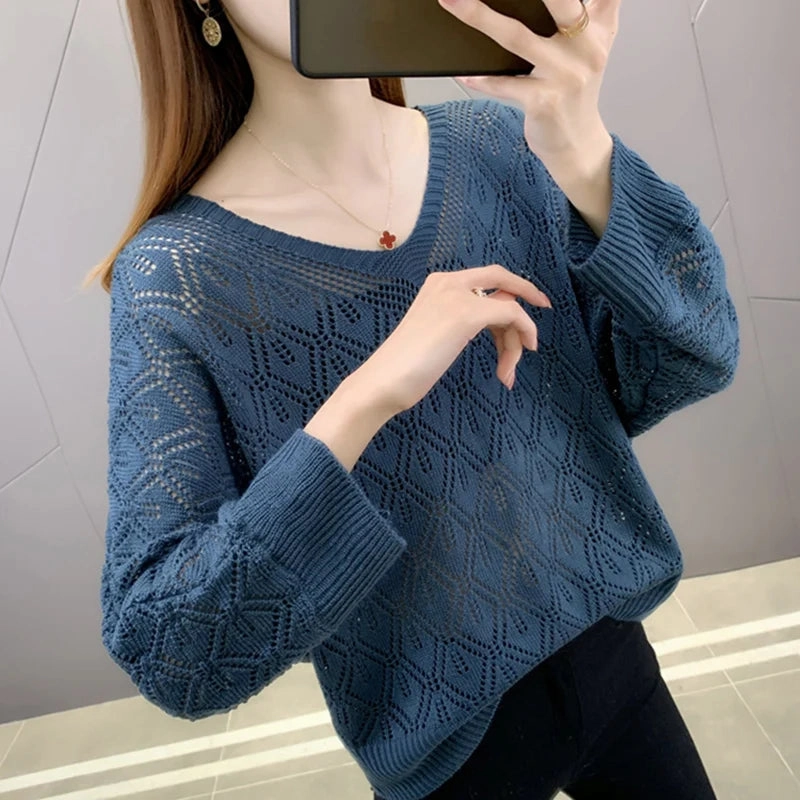 Three Quarter Sleeve V-neck Sweet Elegant Casual Sweater Hollow Out Women Top Korean See-through