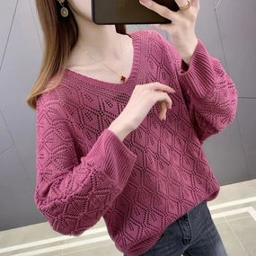 Three Quarter Sleeve V-neck Sweet Elegant Casual Sweater Hollow Out Women Top Korean See-through