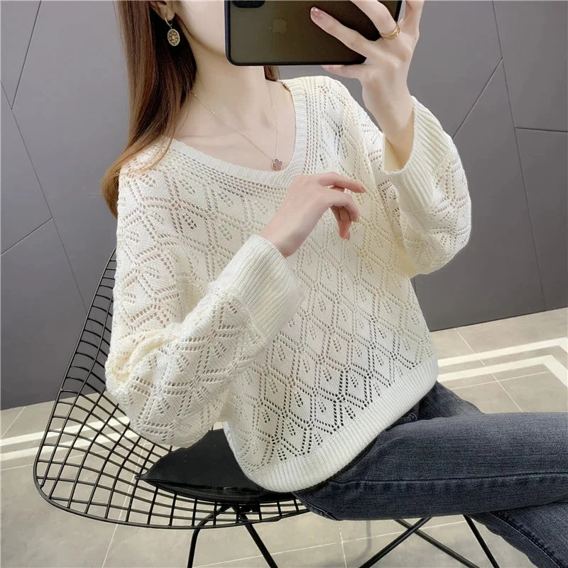 Three Quarter Sleeve V-neck Sweet Elegant Casual Sweater Hollow Out Women Top Korean See-through