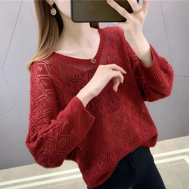 Three Quarter Sleeve V-neck Sweet Elegant Casual Sweater Hollow Out Women Top Korean See-through