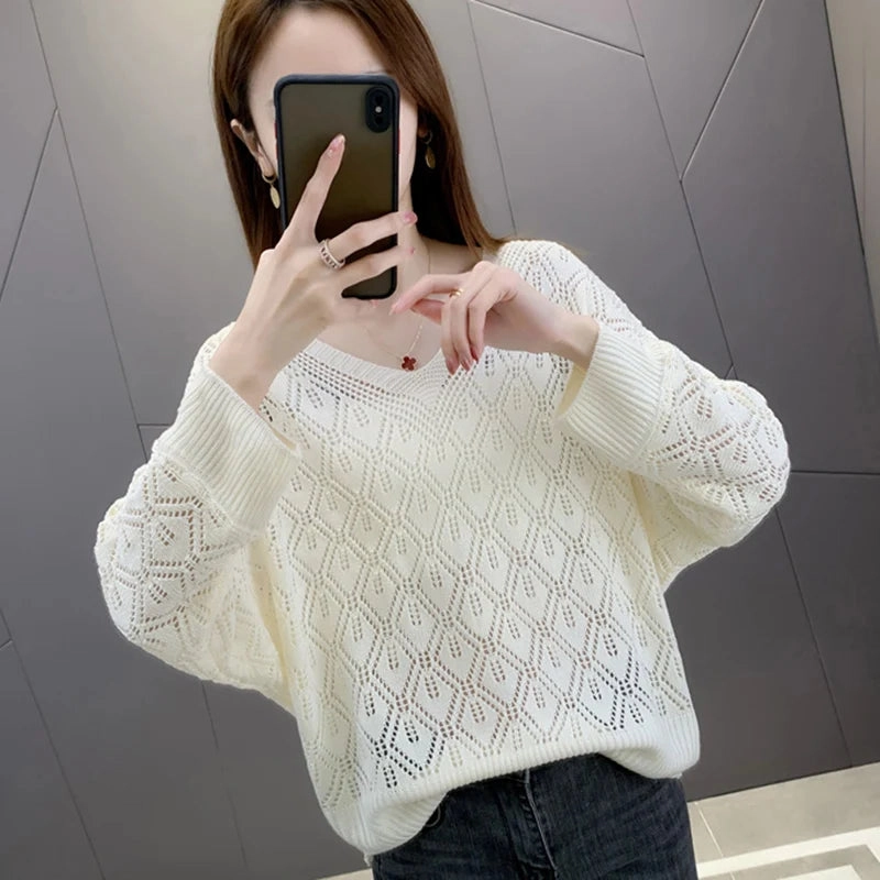 Three Quarter Sleeve V-neck Sweet Elegant Casual Sweater Hollow Out Women Top Korean See-through