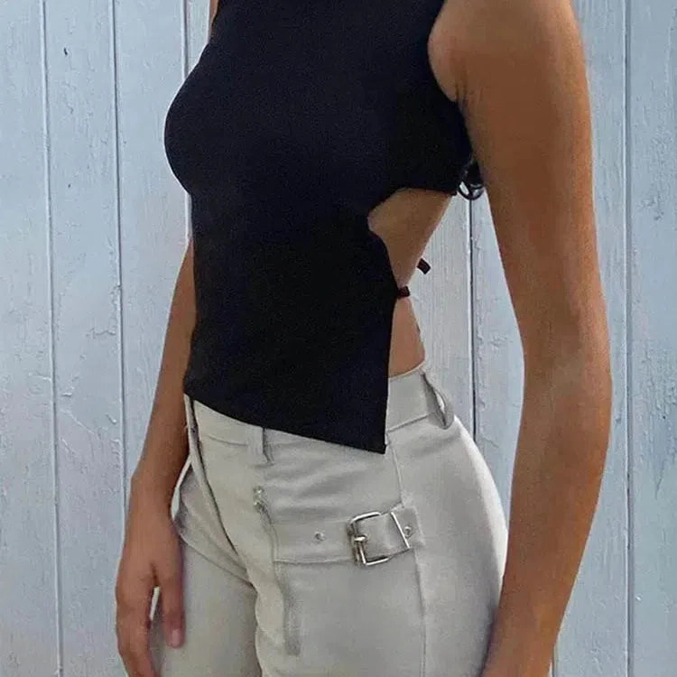 Tied Backless Slim Solid Sleeveless Crop Top Summer Tank Top
