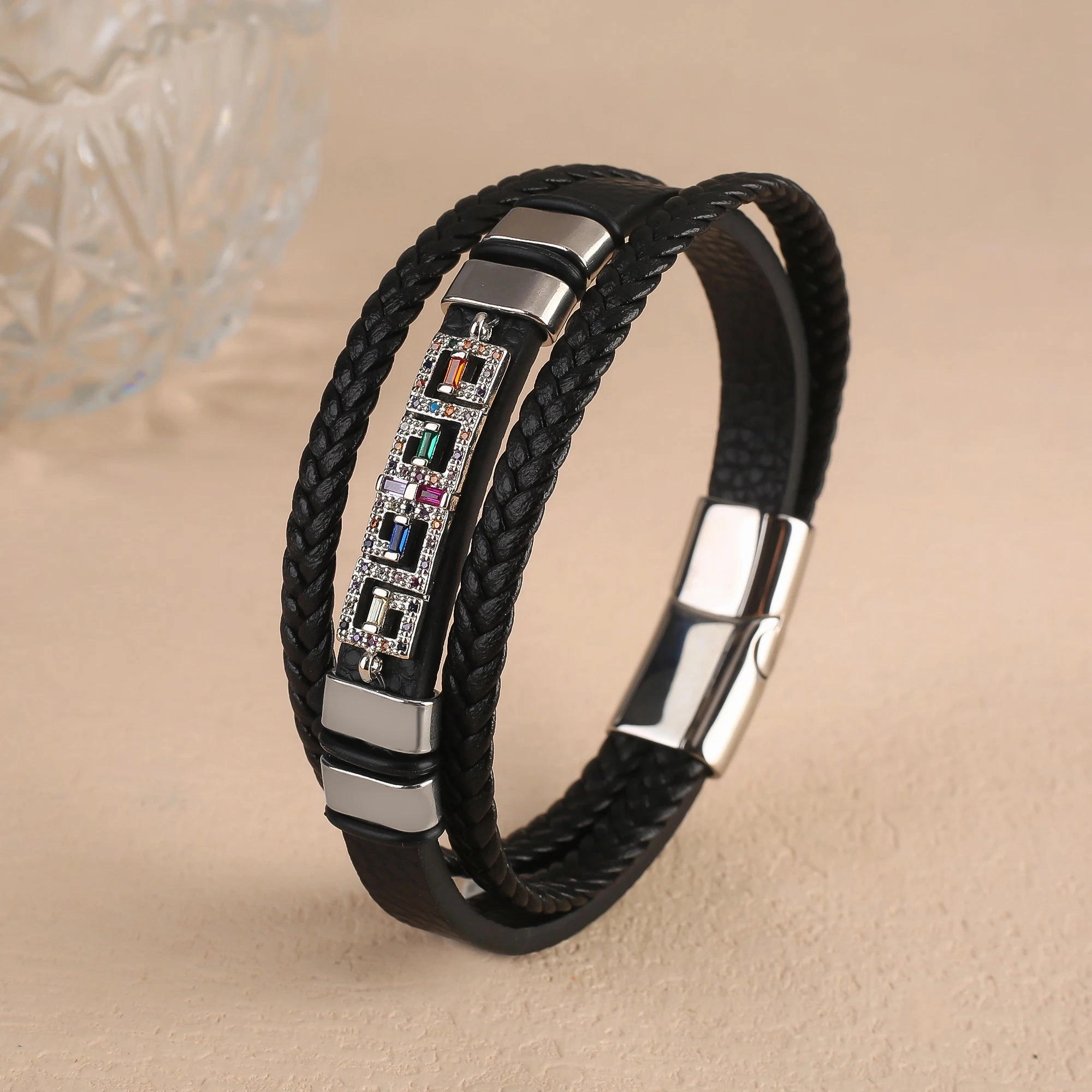 To My Son Black Leather Cubic Zirconia Bracelet Handmade Cuff