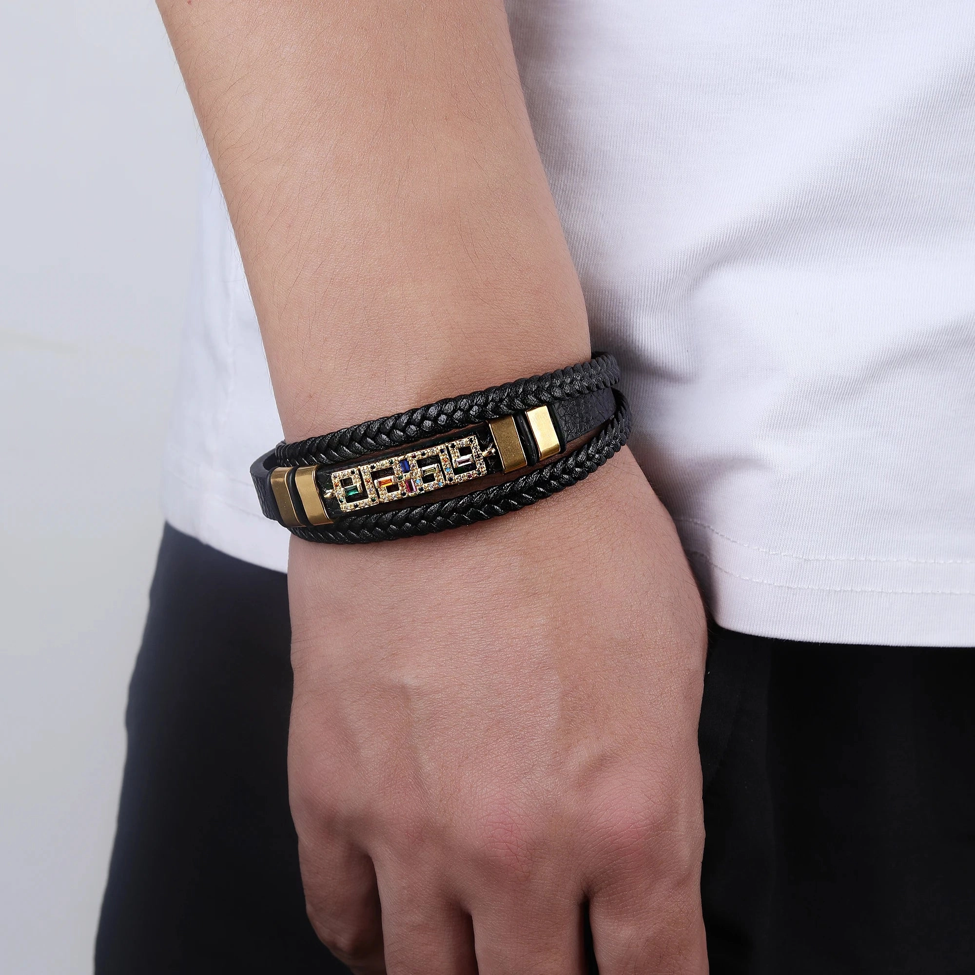 To My Son Black Leather Cubic Zirconia Bracelet Handmade Cuff