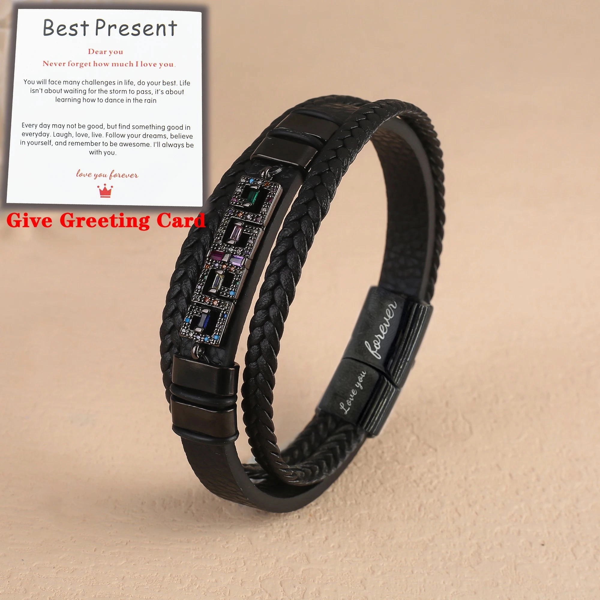 To My Son Black Leather Cubic Zirconia Bracelet Handmade Cuff