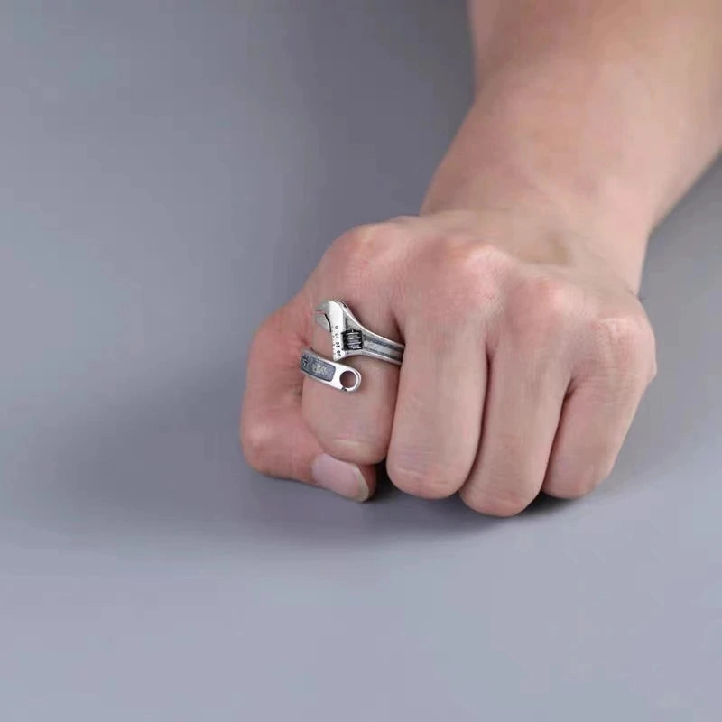 Tool Wrench Open Ring Silver Plated Adjustable Ring Men