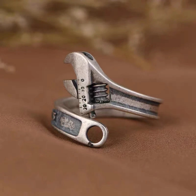 Tool Wrench Open Ring Silver Plated Adjustable Ring Men