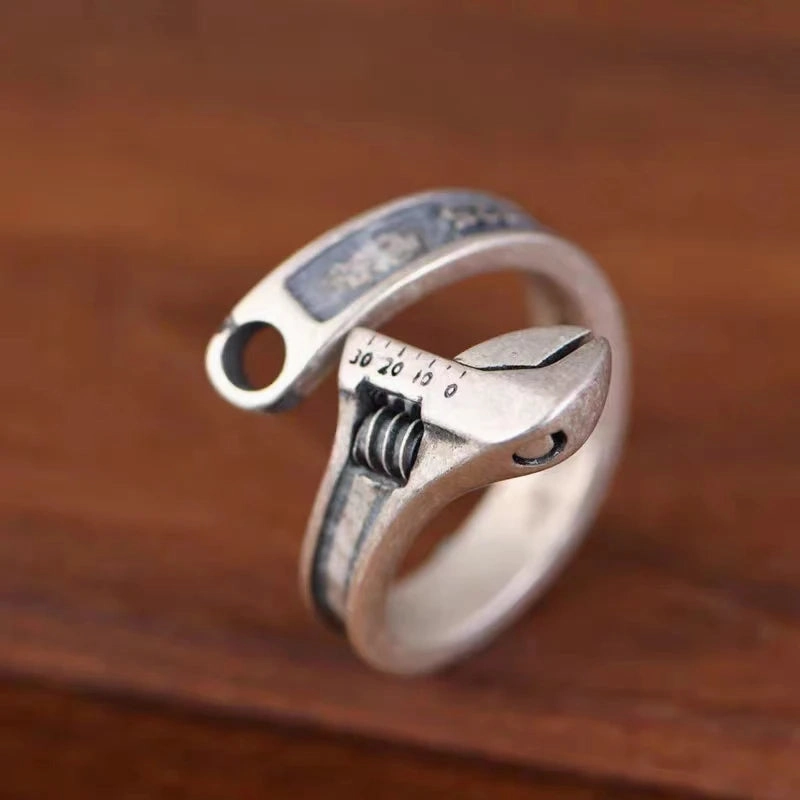 Tool Wrench Open Ring Silver Plated Adjustable Ring Men