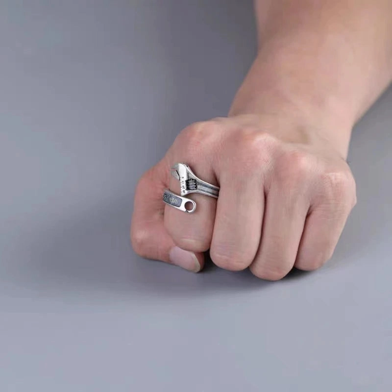 Tool Wrench Open Ring Silver Plated Adjustable Ring Men