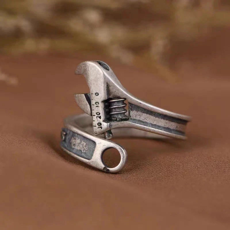 Tool Wrench Open Ring Silver Plated Adjustable Ring Men