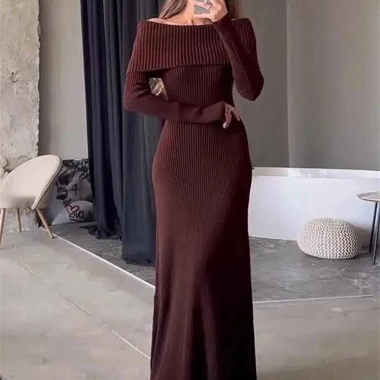 Tossy Fashion Knit Long Dress Off-Shoulder Elegant Maxi Dress