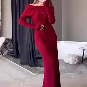 Tossy Fashion Knit Long Dress Off-Shoulder Elegant Maxi Dress