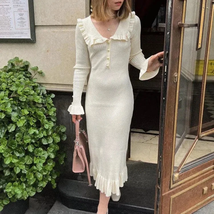 Tossy Ruffled Fashion Knit Dress Women Autumn Maxi Gown