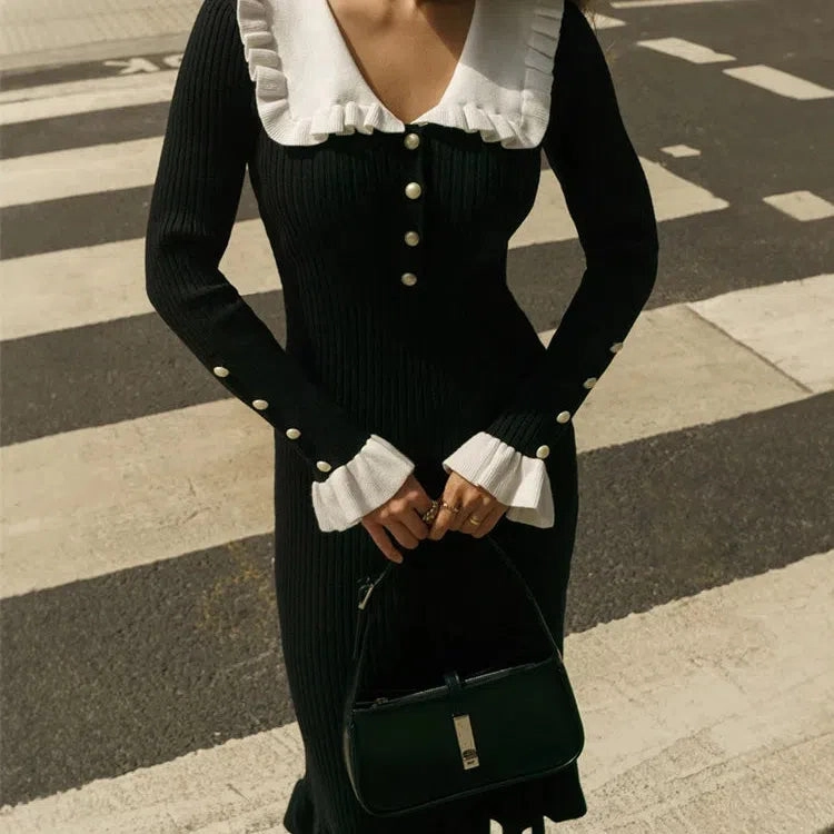 Tossy Ruffled Fashion Knit Dress Women Autumn Maxi Gown