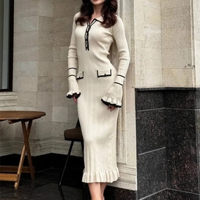Tossy Ruffled Fashion Knit Dress Women Autumn Maxi Gown