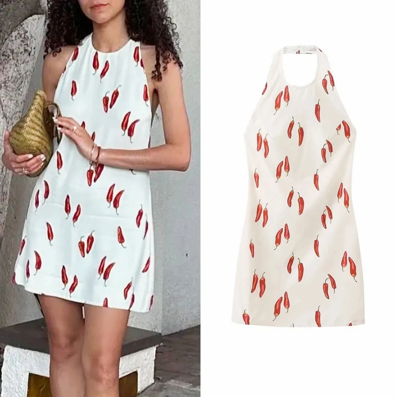 TRAF Print Mini Women Halter Backless Dress Chic Summer Style