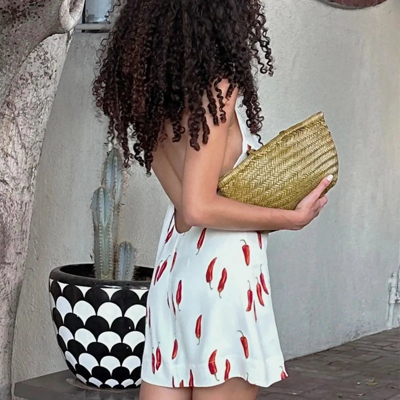 TRAF Print Mini Women Halter Backless Dress Chic Summer Style