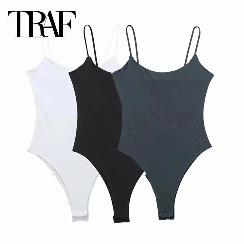 TRAF White Black Body Woman Sleeveless Bodycon Bodysuit for Summer Parties and Nights Out