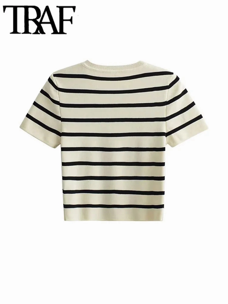 TRAF Women Fashion Striped Cropped Knit Sweater Chic Top