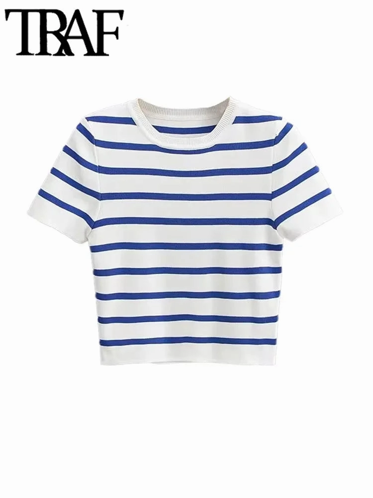 TRAF Women Fashion Striped Cropped Knit Sweater Chic Top