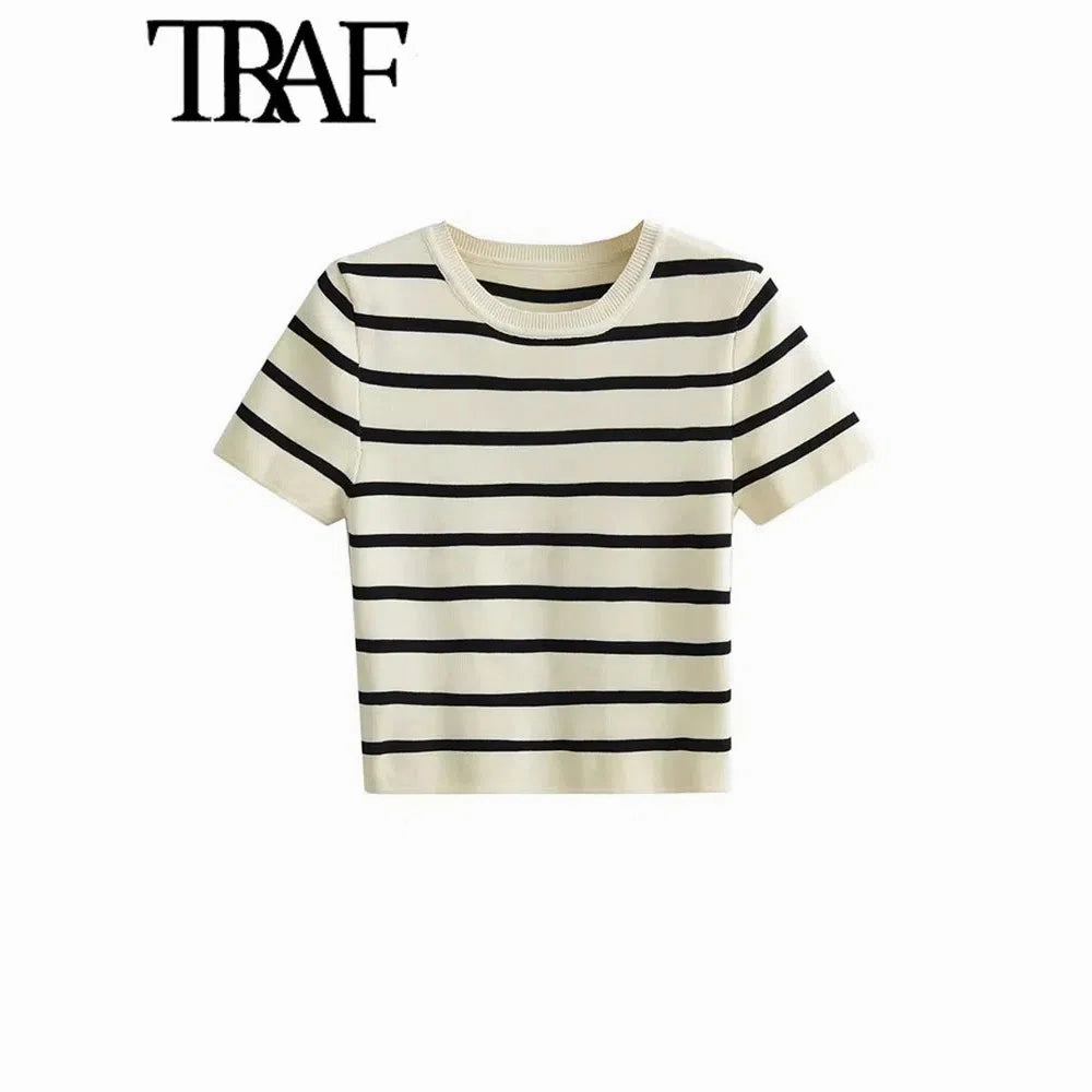TRAF Women Fashion Striped Cropped Knit Sweater Chic Top