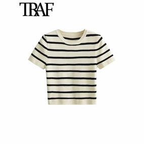 TRAF Women Fashion Striped Cropped Knit Sweater Chic Top