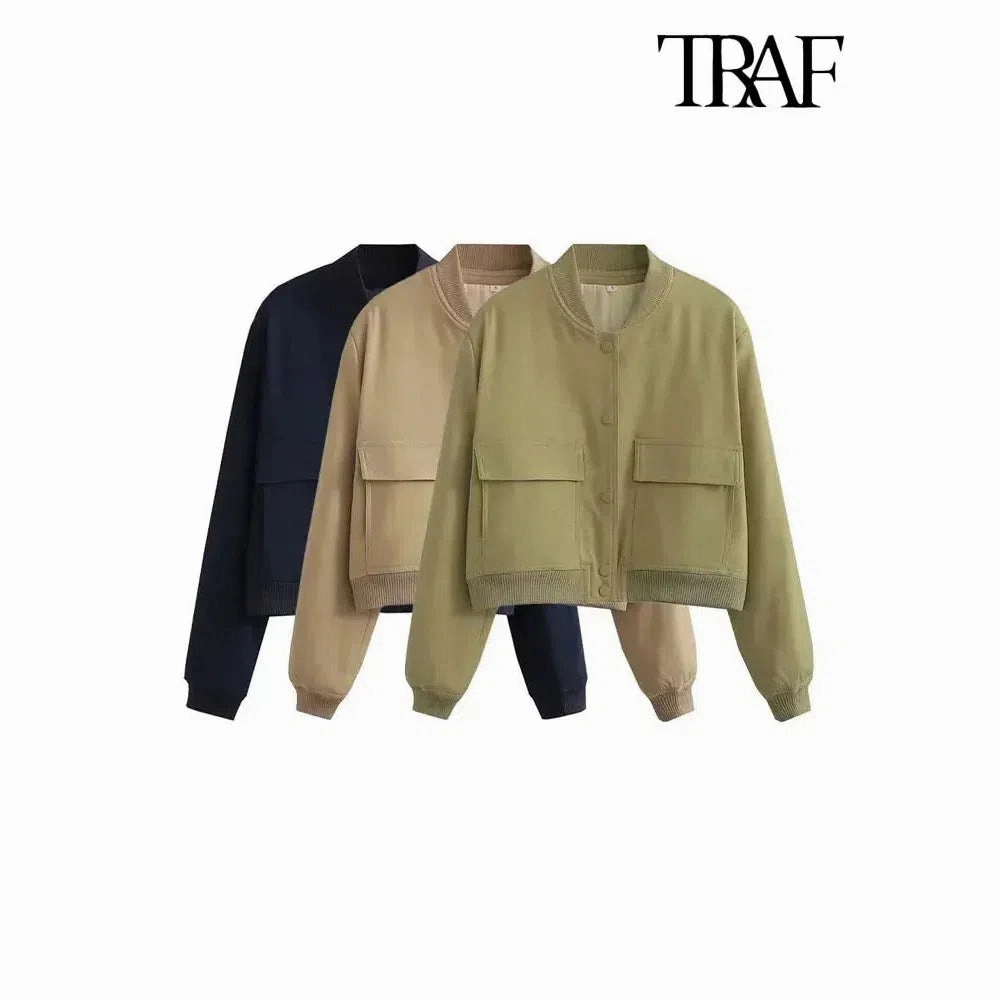 TRAF Women Fashion With Pockets Bomber Jacket Coats Chic Tops